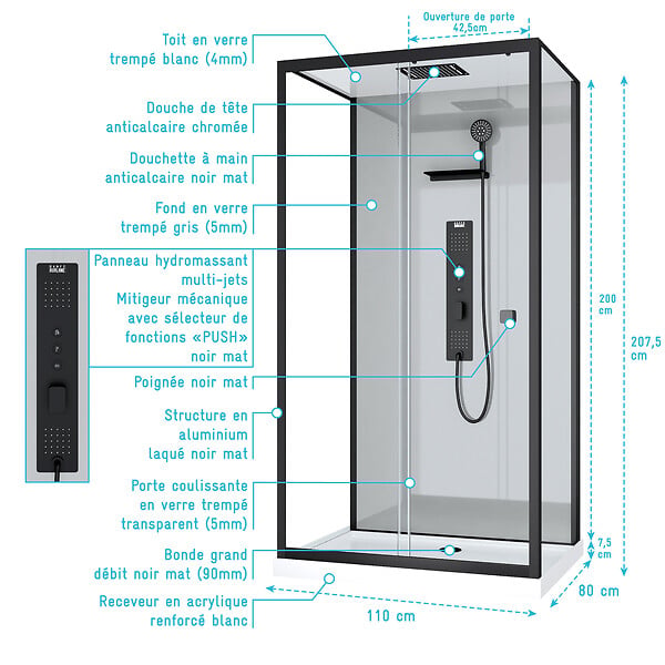 AURLANE - Cabine de douche Hydromassante 110x80 Receveur Bas - Fond Gris et Profilés Noir Mat - GREY STYLE LOW - large