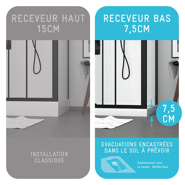 AURLANE - Cabine de douche Hydromassante 110x80 Receveur Bas - Fond Gris et Profilés Noir Mat - GREY STYLE LOW - large
