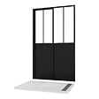AURLANE - Porte Coulissante Noire Mate 'Atelier' et Receveur à Grille Linéaire Effet Pierre - 120x80x200 cm - vignette