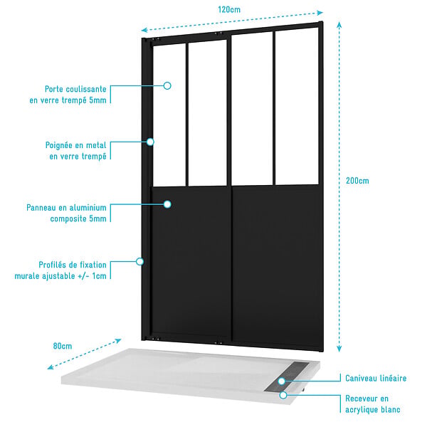AURLANE - Porte Coulissante Noire Mate 'Atelier' et Receveur à Grille Linéaire Effet Pierre - 120x80x200 cm - large