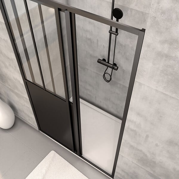 AURLANE - Porte Coulissante Noire Mate 'Atelier' et Receveur à Grille Linéaire Effet Pierre - 120x80x200 cm - large