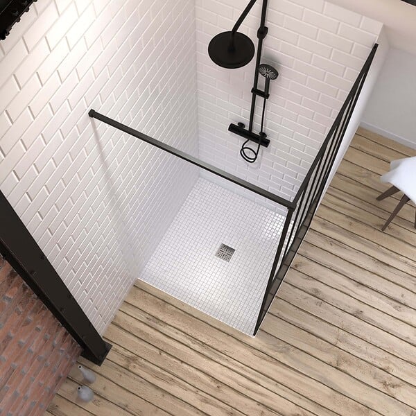 AURLANE - Pack Paroi de douche 90x200 cm noir mat + Receveur haut a poser 90X90cm - blanc effet pierre - large