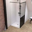 AURLANE - Pack Paroi de douche 90x200 cm noir mat + Receveur haut a poser 90X90cm - blanc effet pierre - vignette