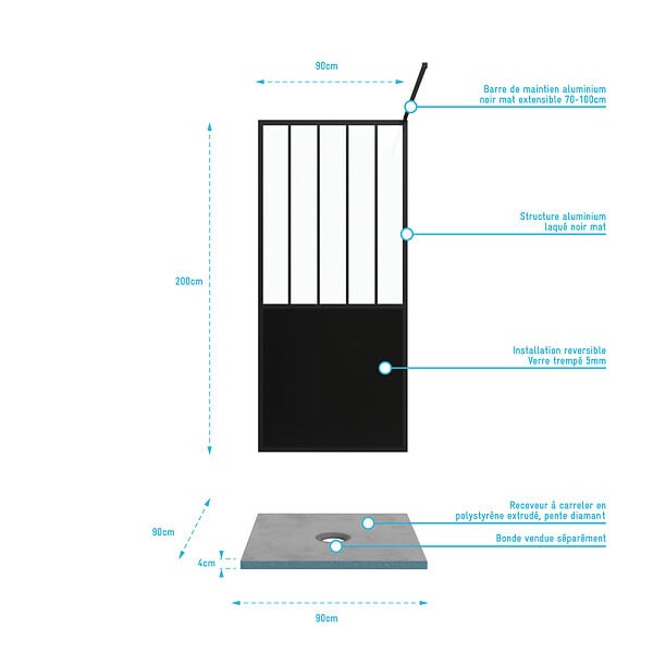 AURLANE - Pack Paroi de douche 90x200 cm noir mat + Receveur haut a poser 90X90cm - blanc effet pierre - large