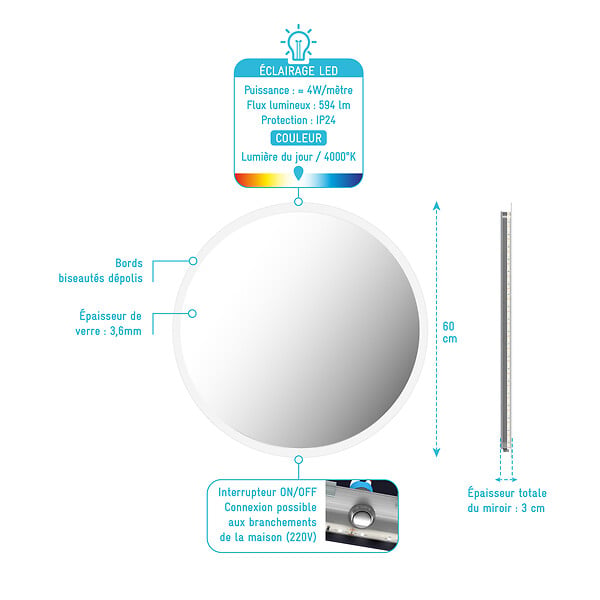 AURLANE - Miroir salle de bain rond avec eclairage LED - Diamètre 60cm - GO LED - large