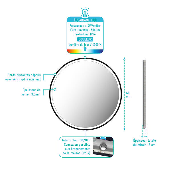 AURLANE - Miroir salle de bain ROND avec éclairage LED et contour noir - Diam 60cm - large