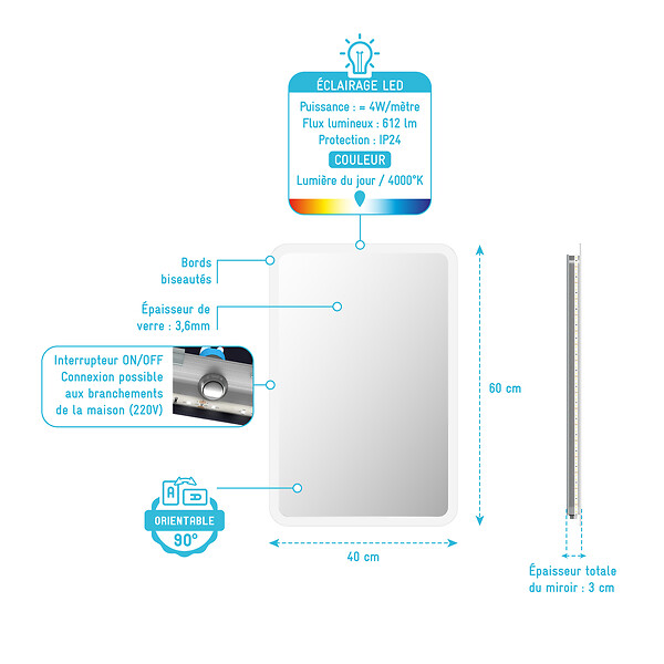 AURLANE - Miroir salle de bain avec eclairage LED - 40x60cm - GO LED - large
