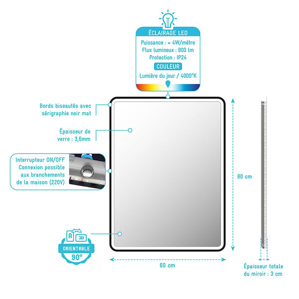 AURLANE - Miroir salle de bain avec eclairage LED et contour noir - 60x80cm - GO BLACK LED - large