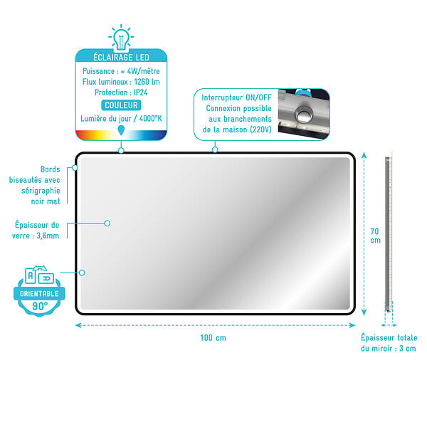 AURLANE - Miroir LED salle de bain et contour noir - 100x70cm - GO BLACK LED - large