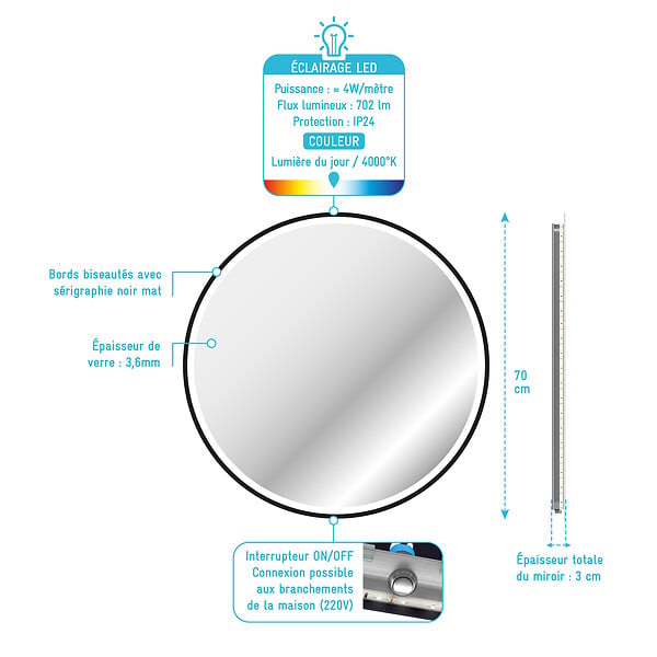 AURLANE - Miroir salle de bain ROND avec éclairage LED et contour noir - Diam 70cm - large