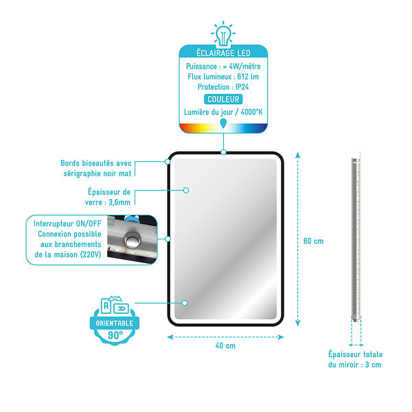 AURLANE - Miroir salle de bain avec eclairage LED et contour noir - 40x60cm - GO BLACK LED - large