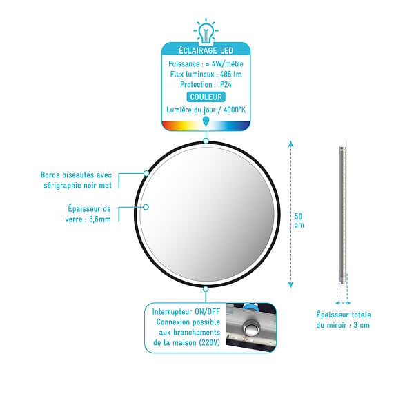 AURLANE - Miroir salle de bain ROND avec éclairage LED et contour noir - Diam 50cm - large
