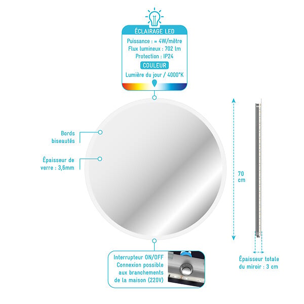 AURLANE - Miroir salle de bain rond avec eclairage LED - Diamètre 70cm - GO LED - large