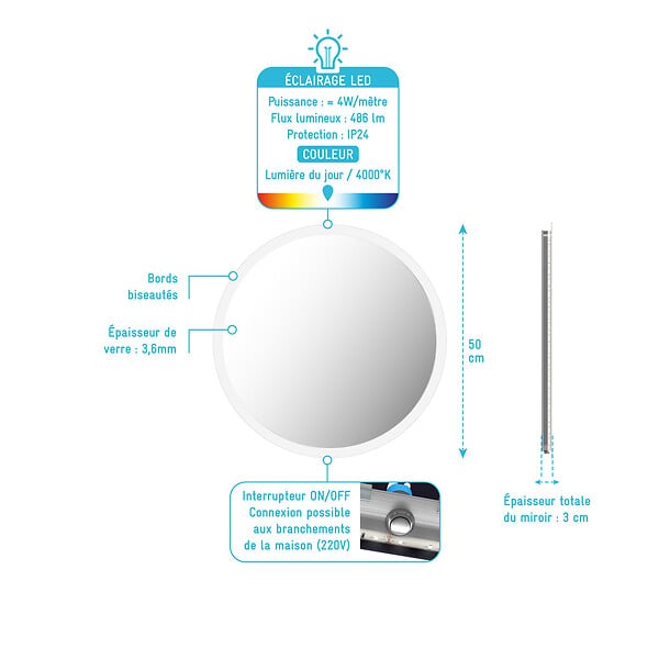 AURLANE - Miroir salle de bain rond avec eclairage LED - Diamètre 50cm - GO LED - large