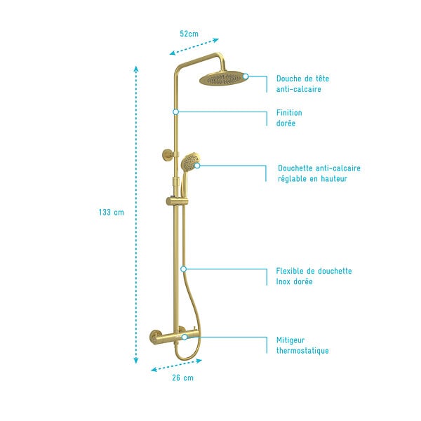 AURLANE - Colonne de douche Thermostatique finition Or Doré Brossé 133x26x52 cm - MOLLY GOLD - large