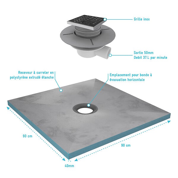 AURLANE - Receveur de Douche à Carreler 90x90 cm avec Bondes à Sortie Horizontale - Grille Inox - large