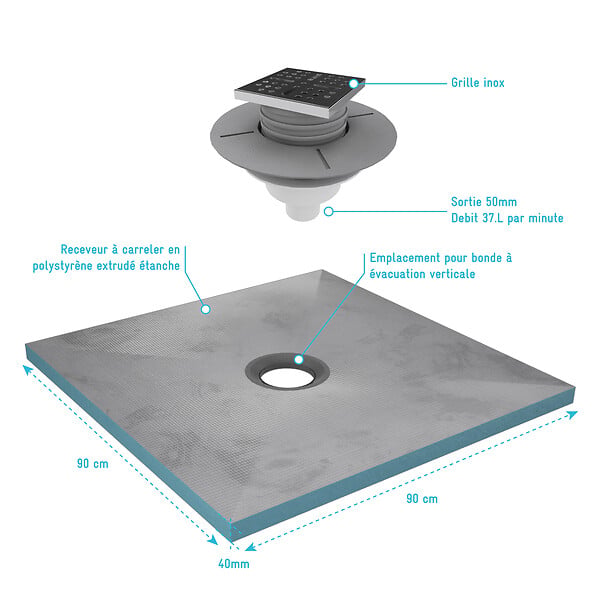 AURLANE - Receveur de Douche à Carreler 90x90 cm avec Bondes à Sortie Verticale - Grille Inox - large