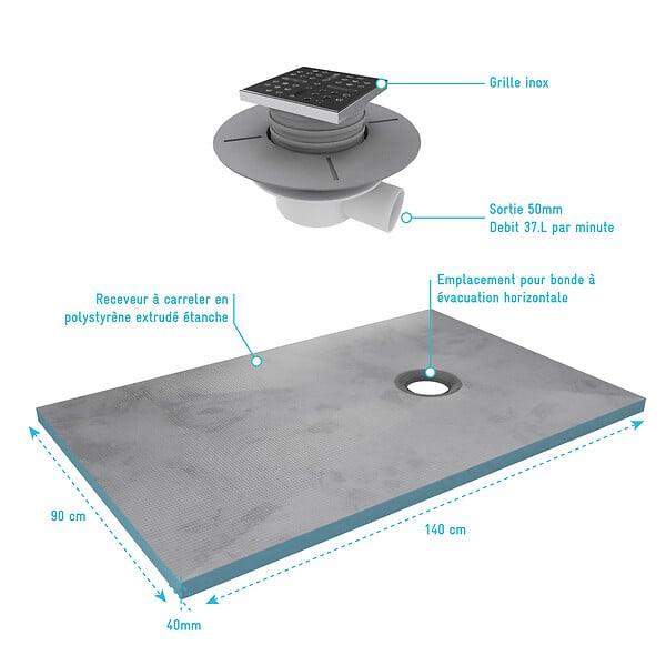 AURLANE - Receveur de Douche à Carreler 90x140 cm avec Bondes à Sortie Horizontale - Grille Inox - large