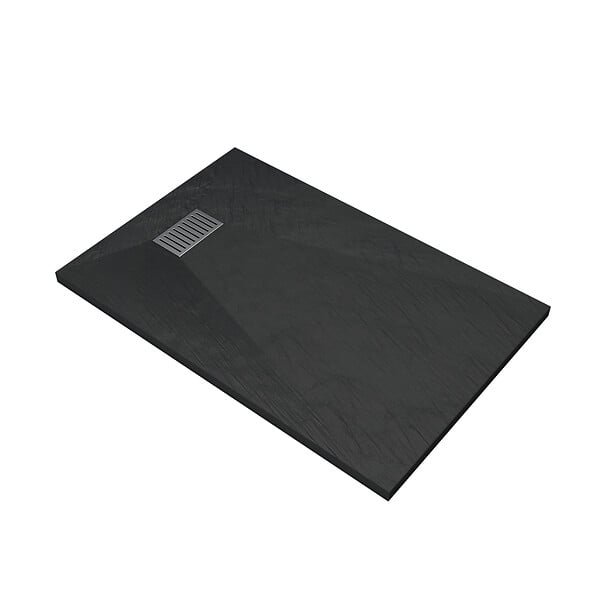 AURLANE - Receveur de douche Noir Effet Pierre 90x140 cm et Grille décor Linéaire en Inox - large