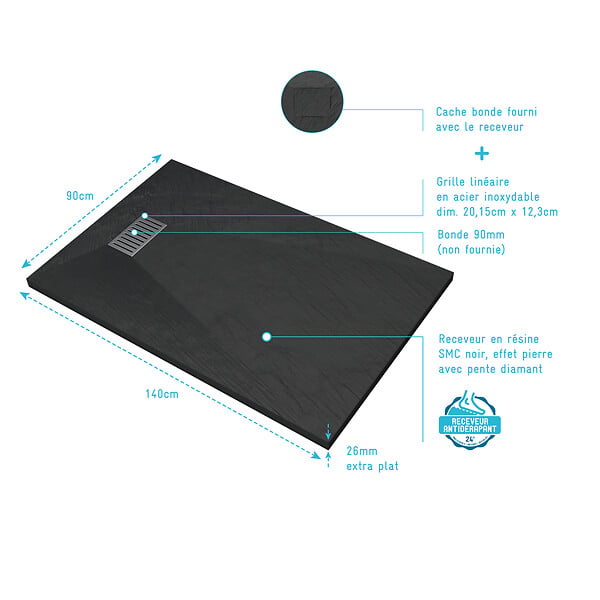 AURLANE - Receveur de douche Noir Effet Pierre 90x140 cm et Grille décor Linéaire en Inox - large