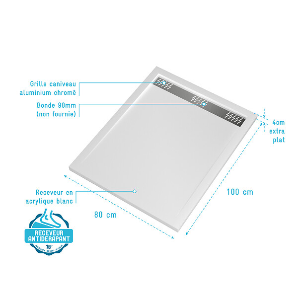 AURLANE - Receveur en acrylique Blanc 80x100x4 cm - Grille Linéaire Chrome - WHITENESS II - large