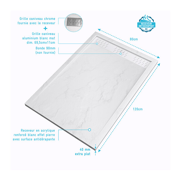 AURLANE - Receveur en acrylique Blanc Effet Pierre 80x120x4 cm + Grilles Linéaires Chrome et Blanche Mate - large
