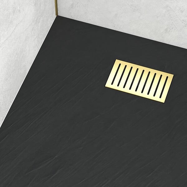 AURLANE - Receveur de douche Noir Effet Pierre 90x120 cm et Grille décor Linéaire Or Doré Brossé - large