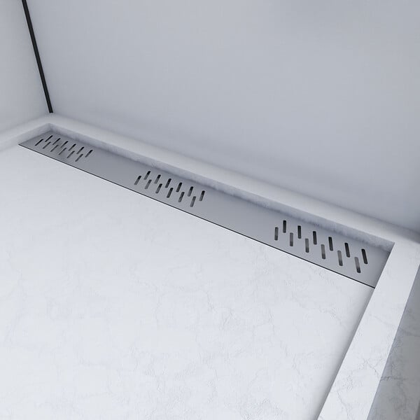 AURLANE - Receveur en acrylique Blanc Effet Pierre 80x120x4 cm - Grille Linéaire Chrome - MOON - large