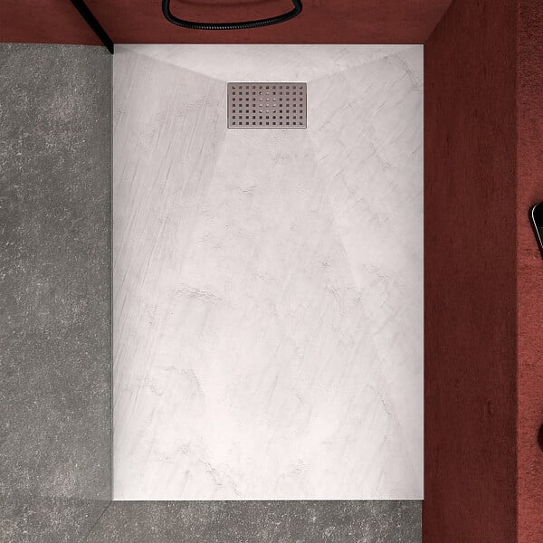 AURLANE - Receveur de douche Blanc Effet Pierre 90x140 cm et Grille décor Perforée en Inox - large