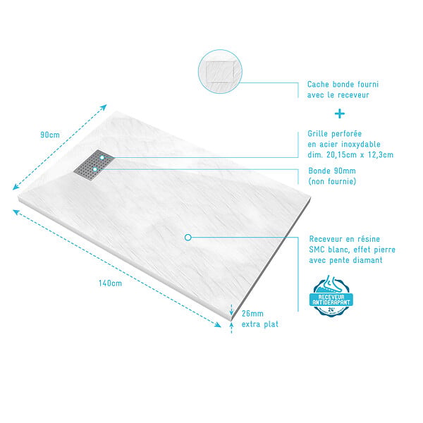 AURLANE - Receveur de douche Blanc Effet Pierre 90x140 cm et Grille décor Perforée en Inox - large