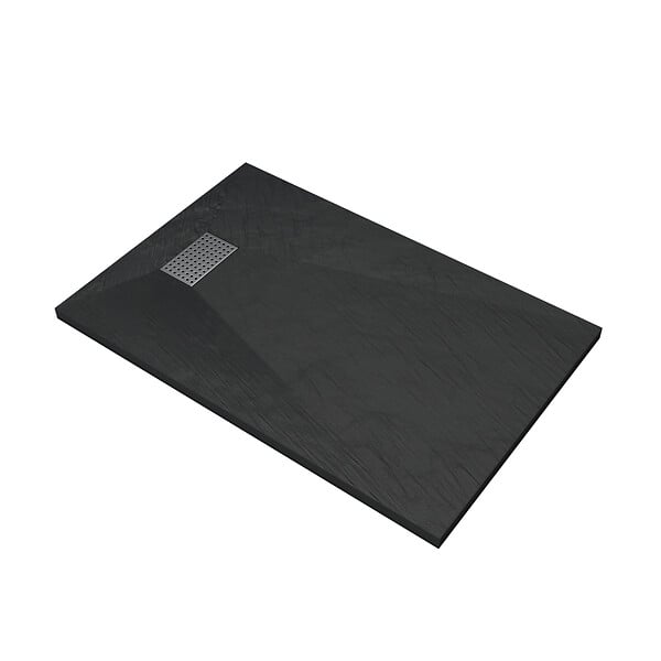 AURLANE - Receveur de douche Noir Effet Pierre 90x140 cm et Grille décor Perforée en Inox - large