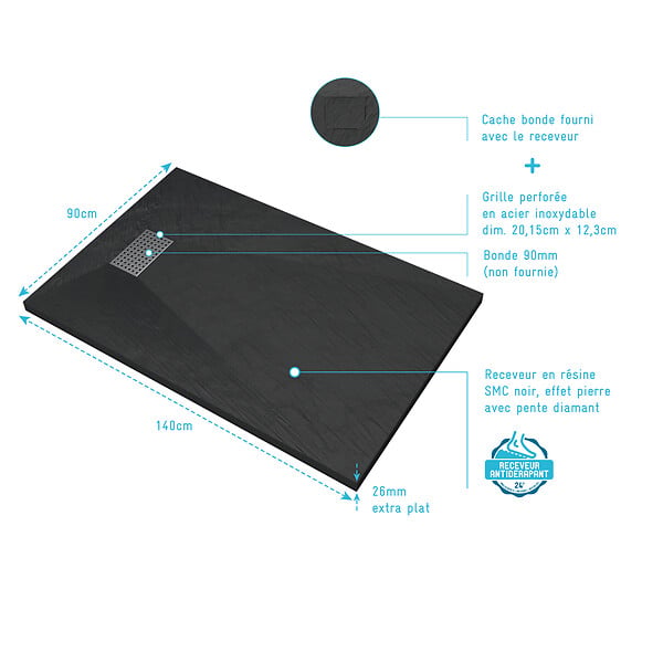 AURLANE - Receveur de douche Noir Effet Pierre 90x140 cm et Grille décor Perforée en Inox - large