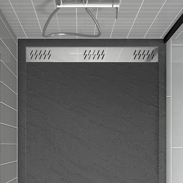 AURLANE - Receveur en acrylique Gris Effet Pierre 80x120x4 cm - Grille Linéaire Chrome - METEORA - large
