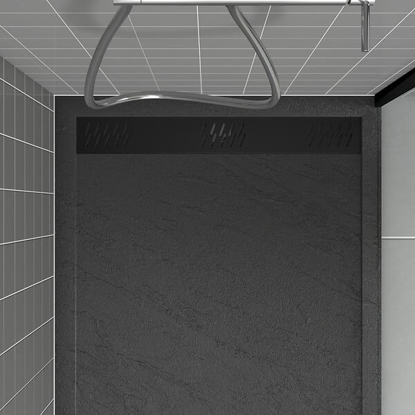 AURLANE - Receveur en acrylique Gris Effet Pierre 80x120x4 cm + Grilles Linéaires Chrome et Noire - METEORA - large