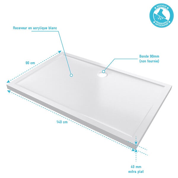 AURLANE - RECEVEUR DE DOUCHE A POSER EXTRA-PLAT EN ACRYLIQUE BLANC RECTANGLE - 140x90cm - BAC DE DOUCHE - large