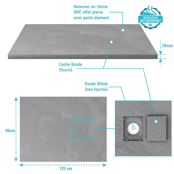 AURLANE - Receveur à poser en matériaux composite SMC - Finition ardoise gris - 90x120cm - ROCK 2 GREY 90 - large