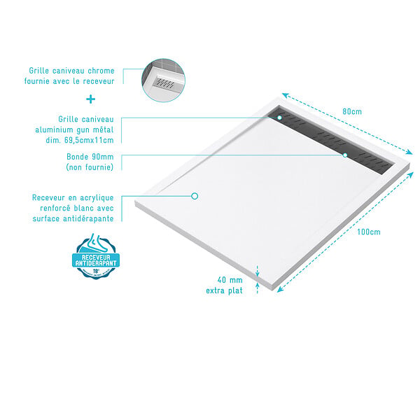 AURLANE - Receveur en acrylique Blanc 80x100x4 cm + Grilles Linéaires Chrome et Gun Metal - WHITENESS II - large