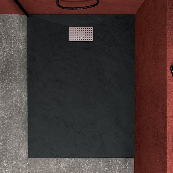AURLANE - Receveur de douche Noir Effet Pierre 90x120 cm et Grille décor Perforée en Inox - large