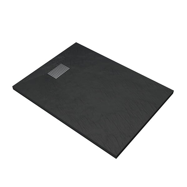 AURLANE - Receveur de douche Noir Effet Pierre 90x120 cm et Grille décor Perforée en Inox - large