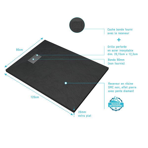 AURLANE - Receveur de douche Noir Effet Pierre 90x120 cm et Grille décor Perforée en Inox - large