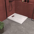 AURLANE - Receveur de douche Blanc Effet Pierre 80x100 cm et Grille décor Linéaire en Inox - vignette