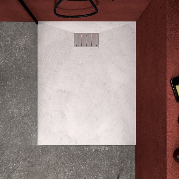 AURLANE - Receveur de douche Blanc Effet Pierre 80x100 cm et Grille décor Linéaire en Inox - large