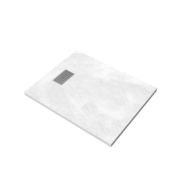 AURLANE - Receveur de douche Blanc Effet Pierre 80x100 cm et Grille décor Linéaire en Inox - large