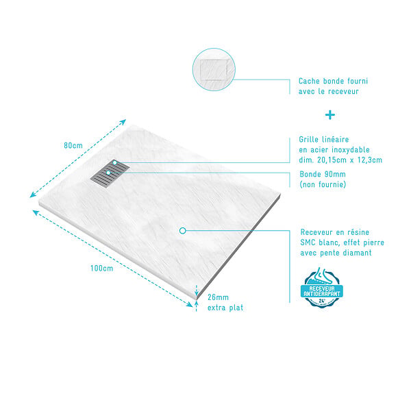 AURLANE - Receveur de douche Blanc Effet Pierre 80x100 cm et Grille décor Linéaire en Inox - large