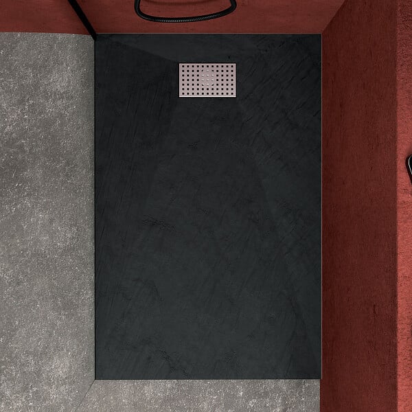 AURLANE - Receveur de douche Noir Effet Pierre 80x120 cm et Grille décor Perforée en Inox - large