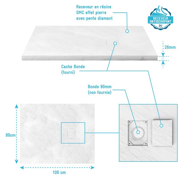 AURLANE - Receveur à poser en materiaux composite SMC - Finition ardoise blanc mat - 80x100 cm - ROCK 2 WHITE - large