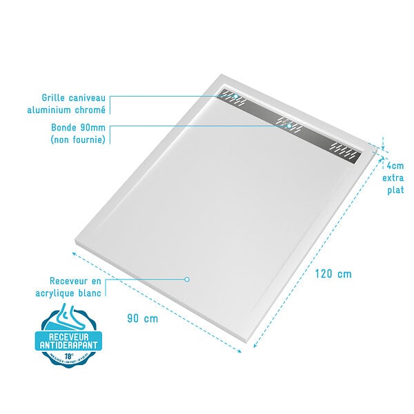AURLANE - Receveur en acrylique Blanc 90x120x4 cm - Grille Linéaire Chrome - WHITENESS II - large
