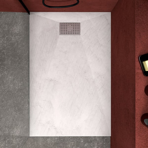 AURLANE - Receveur de douche Blanc Effet Pierre 80x120 cm et Grille décor Perforée en Inox - large