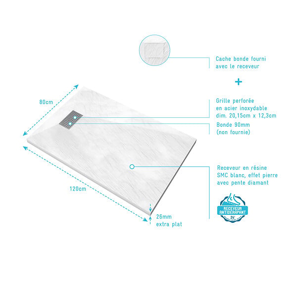 AURLANE - Receveur de douche Blanc Effet Pierre 80x120 cm et Grille décor Perforée en Inox - large