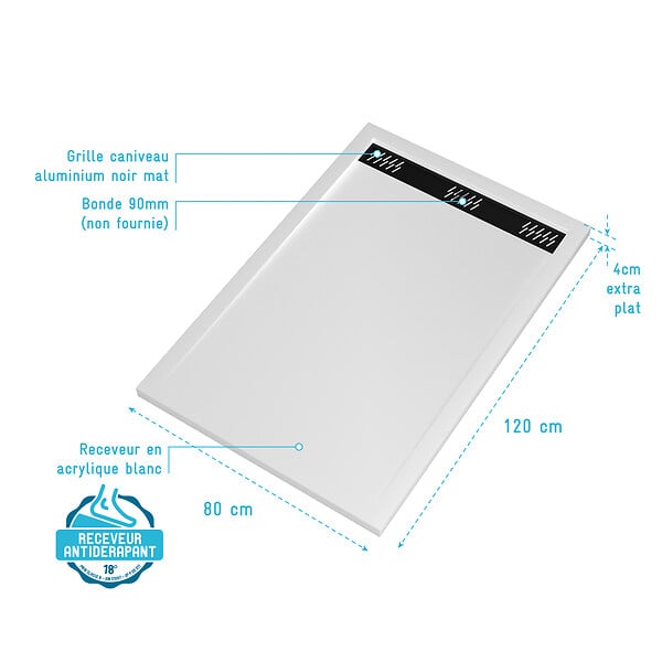 AURLANE - Receveur en acrylique Blanc 80x120x4 cm - Grille Linéaire Noire - WHITENESS II - large